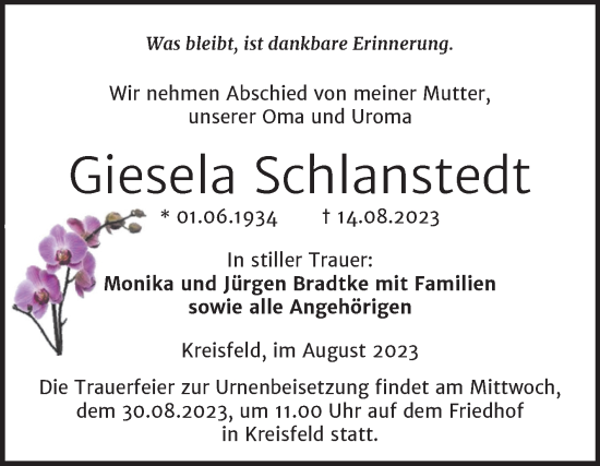Traueranzeige von Giesela Schlanstedt von Trauerkombi Mansfelder Land