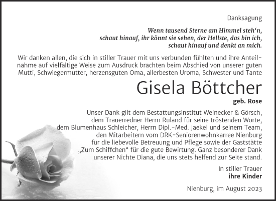 Traueranzeige von Gisela Böttcher von Trauerkombi Bernburg