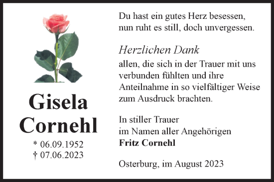 Traueranzeige von Gisela Cornehl von Volksstimme Altmark Ost