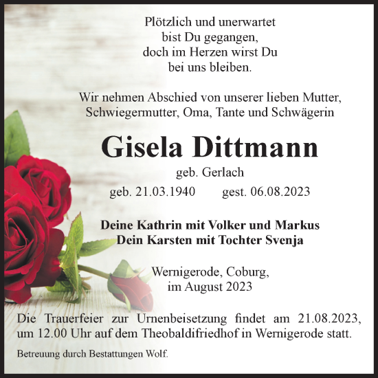 Traueranzeige von Gisela Dittmann von Volksstimme Wernigerode
