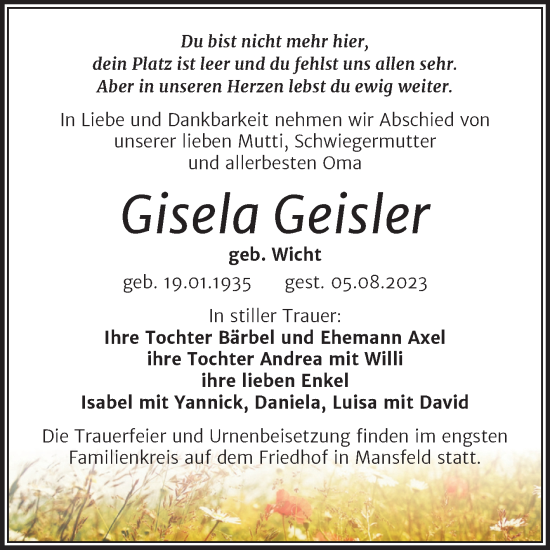 Traueranzeige von Gisela Geisler von Trauerkombi Mansfelder Land