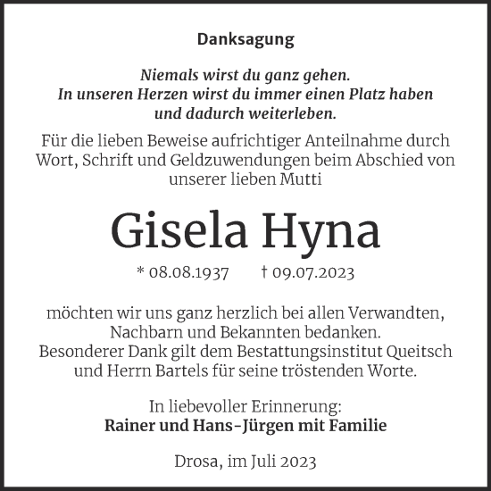 Traueranzeige von Gisela Hyna von Trauerkombi Köthen