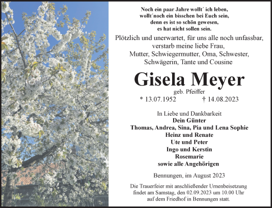 Traueranzeige von Gisela Meyer von Trauerkombi Sangerhausen