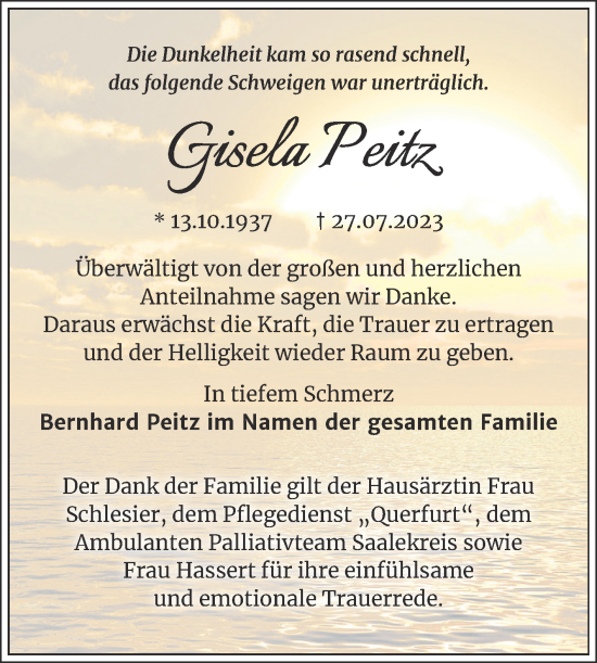 Traueranzeige von Gisela Peitz von Mitteldeutsche Zeitung Merseburg/Querfurt