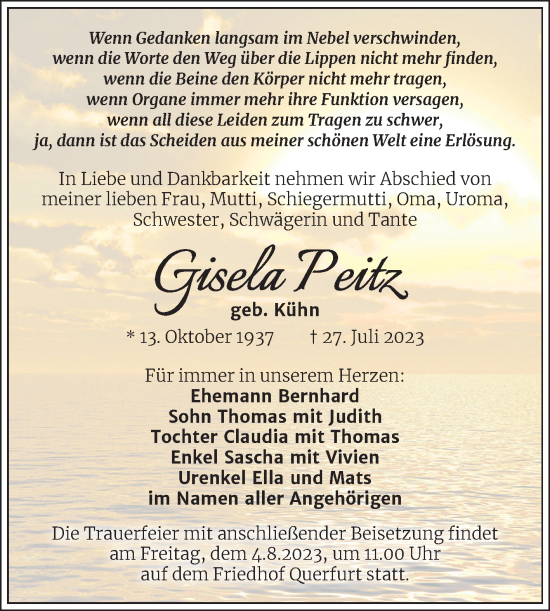 Traueranzeige von Gisela Peitz von Mitteldeutsche Zeitung Merseburg/Querfurt