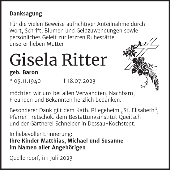 Traueranzeige von Gisela Ritter von Trauerkombi Köthen