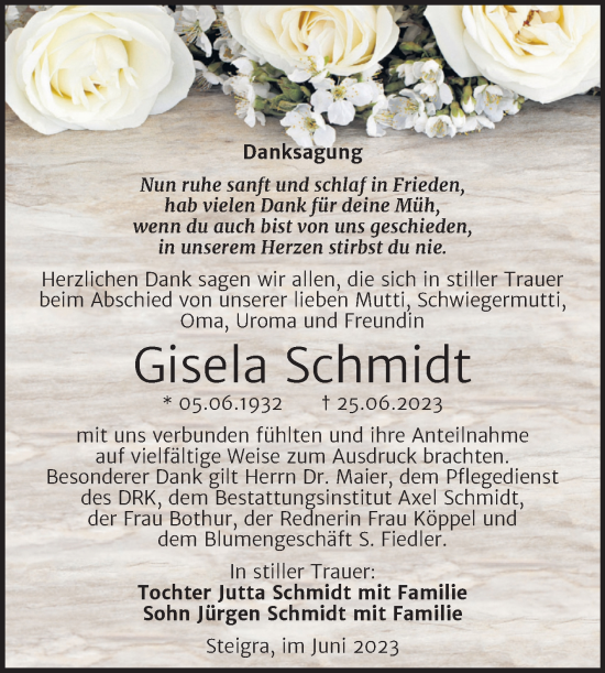 Traueranzeige von Gisela Schmidt von Trauerkombi Merseburg