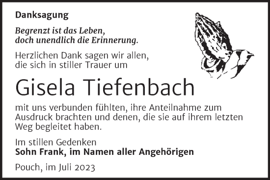 Traueranzeige von Gisela Tiefenbach von Trauerkombi Bitterfeld
