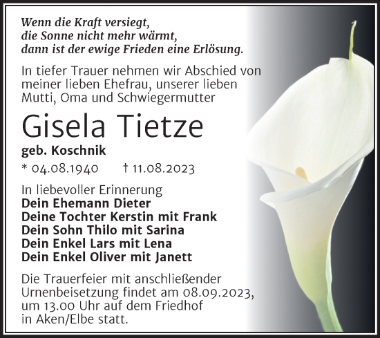Traueranzeige von Gisela Tietze von Trauerkombi Dessau