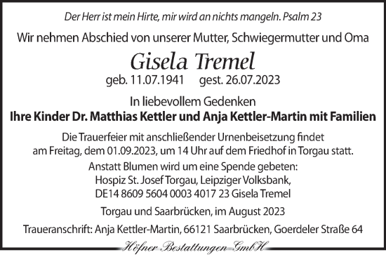 Traueranzeige von Gisela Tremel von Volksstimme Burg/Genthin