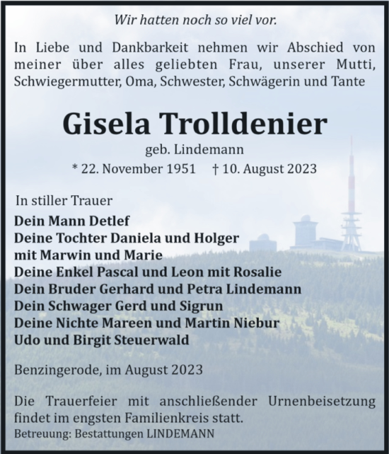 Traueranzeige von Gisela Trolldenier von Volksstimme Wernigerode