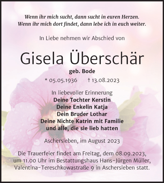 Traueranzeige von Gisela Überschär von Trauerkombi Aschersleben