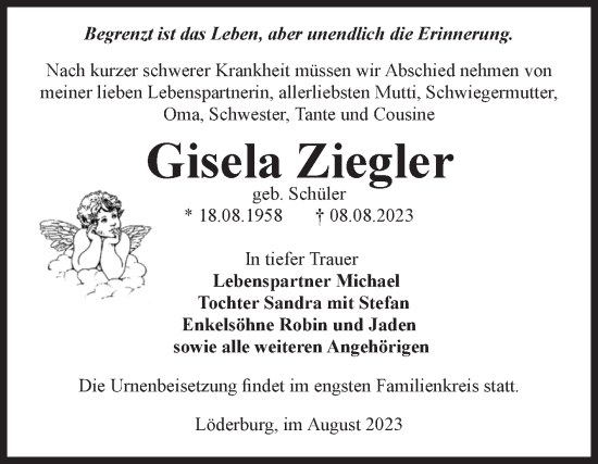 Traueranzeige von Gisela Ziegler von Volksstimme Staßfurt