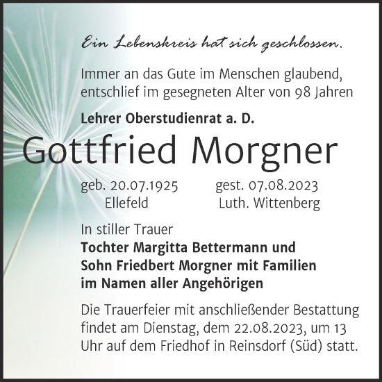 Traueranzeige von Gottfried Morgner von Trauerkombi Wittenberg