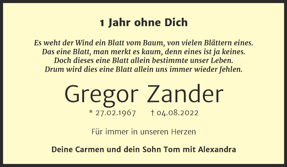  Traueranzeige für Gregor Zander vom 04.08.2023 aus Trauerkombi Mansfelder Land