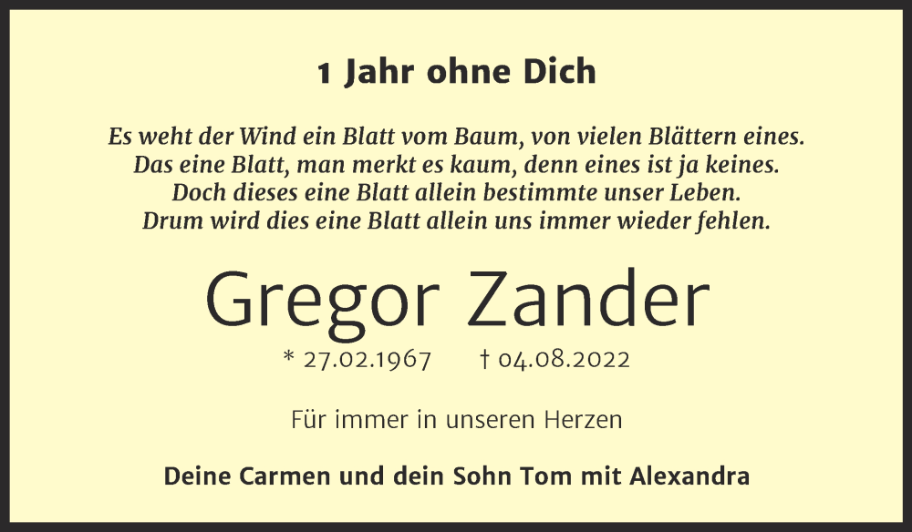  Traueranzeige für Gregor Zander vom 05.08.2023 aus Trauerkombi Mansfelder Land