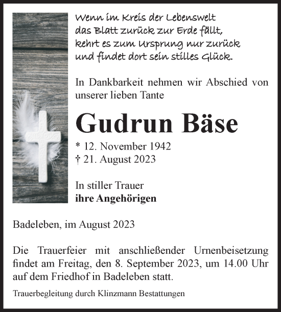 Traueranzeige von Gudrun Bäse von Volksstimme Oschersleben/Wanzleben