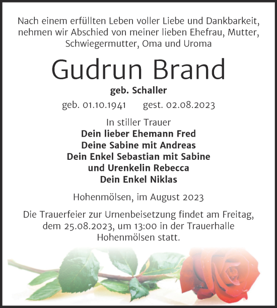 Traueranzeige von Gudrun Brand von Trauerkombi Weißenfels