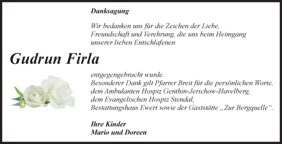 Traueranzeige von Gudrun Firla von Volksstimme Burg/Genthin