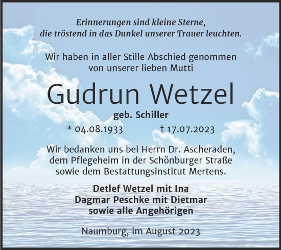 Traueranzeige von Gudrun Wetzel von Wochenspiegel Naumburg/Nebra