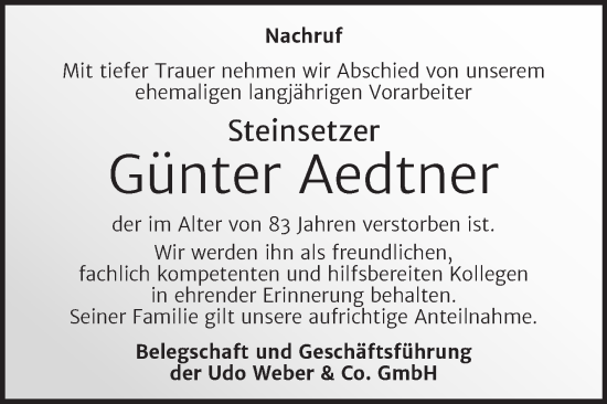 Traueranzeige von Günter Aedtner von Super Sonntag Aschersleben
