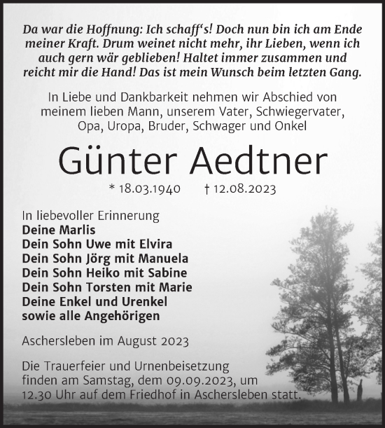Traueranzeige von Günter Aedtner von Trauerkombi Aschersleben