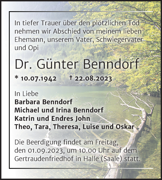 Traueranzeige von Günter Benndorf von Mitteldeutsche Zeitung Halle/Saalkreis