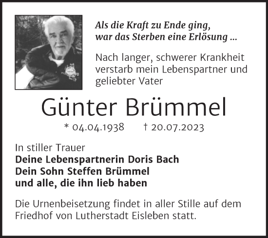 Traueranzeige von Günter Brümmel von Trauerkombi Mansfelder Land