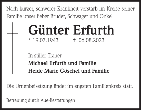 Traueranzeige von Günter Erfurth von Volksstimme Magdeburg