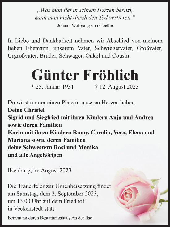 Traueranzeige von Günter Fröhlich von Volksstimme Wernigerode