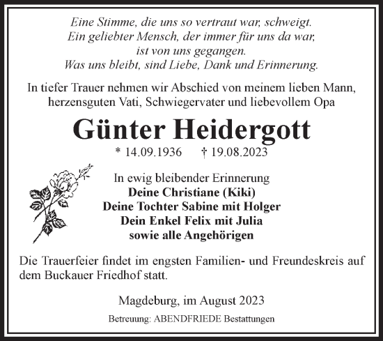 Traueranzeige von Günter Heidergott von Volksstimme Magdeburg