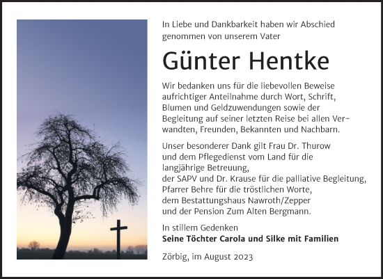 Traueranzeige von Günter Hentke von Trauerkombi Bitterfeld