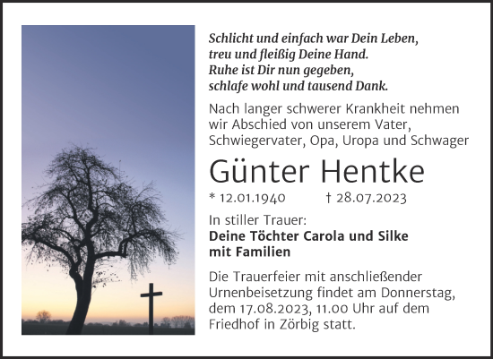 Traueranzeige von Günter Hentke von Trauerkombi Bitterfeld