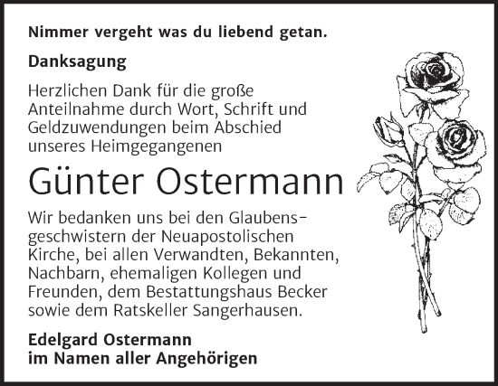 Traueranzeige von Günter Ostermann von Trauerkombi Sangerhausen