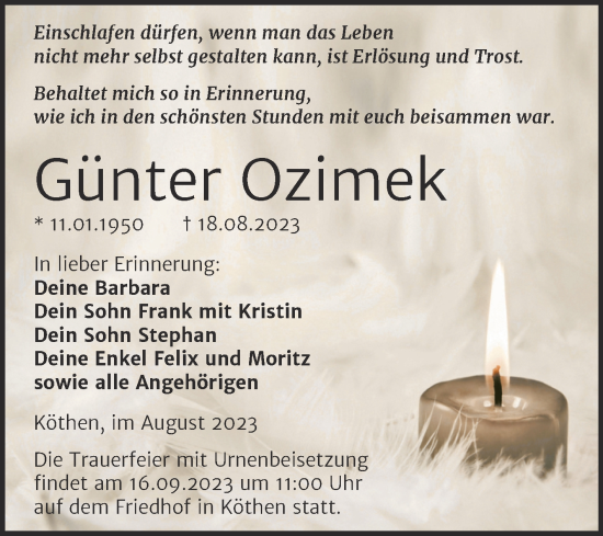 Traueranzeige von Günter Ozimek von Trauerkombi Köthen