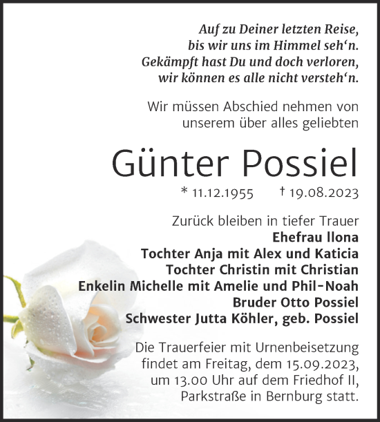 Traueranzeige von Günter Possiel von Trauerkombi Bernburg