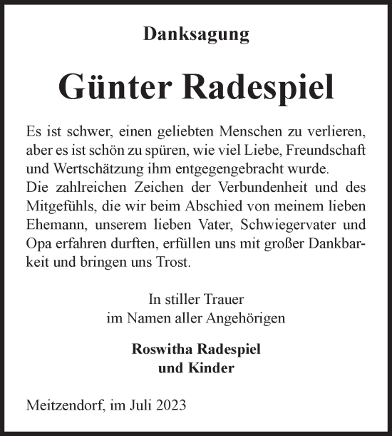 Traueranzeige von Günter Radespiel von Volksstimme Haldensleben/Wolmirstedt