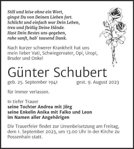 Traueranzeige von Günter Schubert von Wochenspiegel Naumburg/Nebra