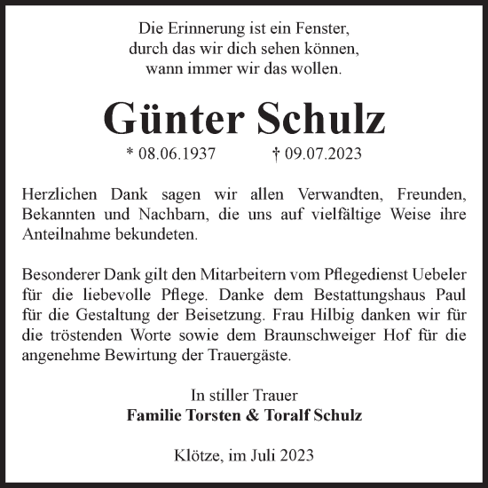 Traueranzeige von Günter Schulz von Volksstimme Altmark West