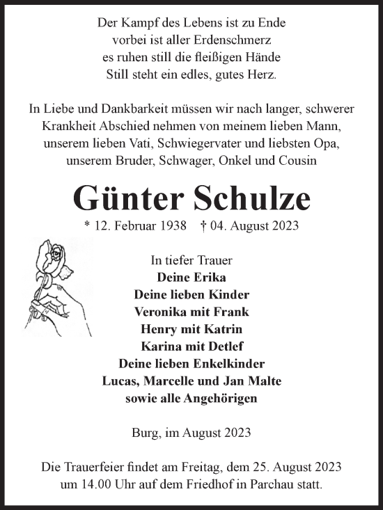 Traueranzeige von Günter Schulze von Volksstimme Burg/Genthin