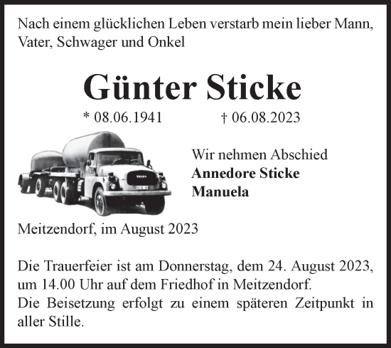 Traueranzeige von Günter Sticke von Volksstimme Haldensleben/Wolmirstedt