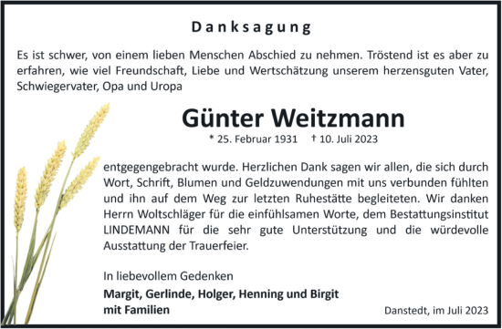 Traueranzeige von Günter Weitzmann von Volksstimme Halberstadt