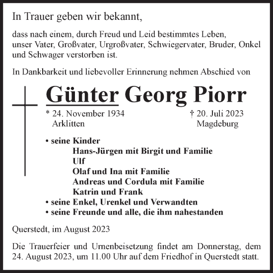 Traueranzeige von Günter Georg Piorr von Volksstimme Altmark Ost