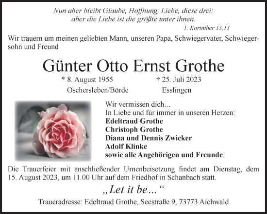 Traueranzeige von Günter Otto Ernst Grothe von Volksstimme Oschersleben/Wanzleben