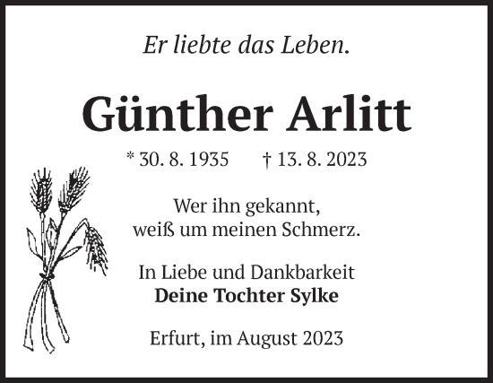 Traueranzeige von Günther Arlitt von Volksstimme Altmark Ost