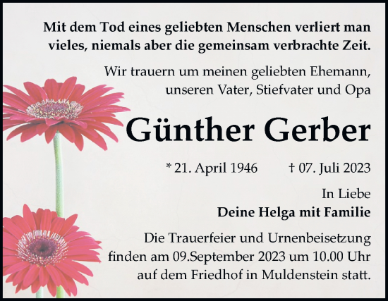 Traueranzeige von Günther Gerber von Trauerkombi Bitterfeld
