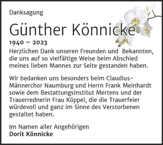 Traueranzeige von Günther Könnicke von Wochenspiegel Naumburg/Nebra