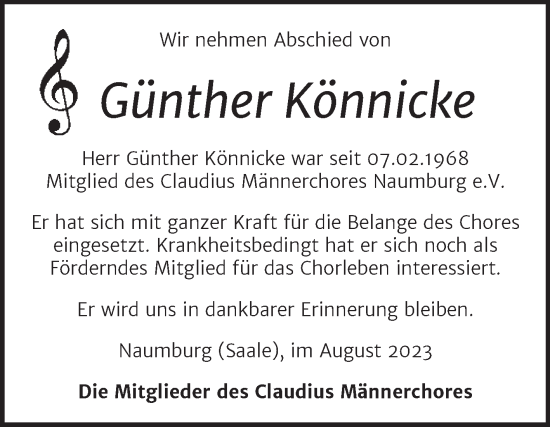Traueranzeige von Günther Könnicke von Naumburger Tageblatt