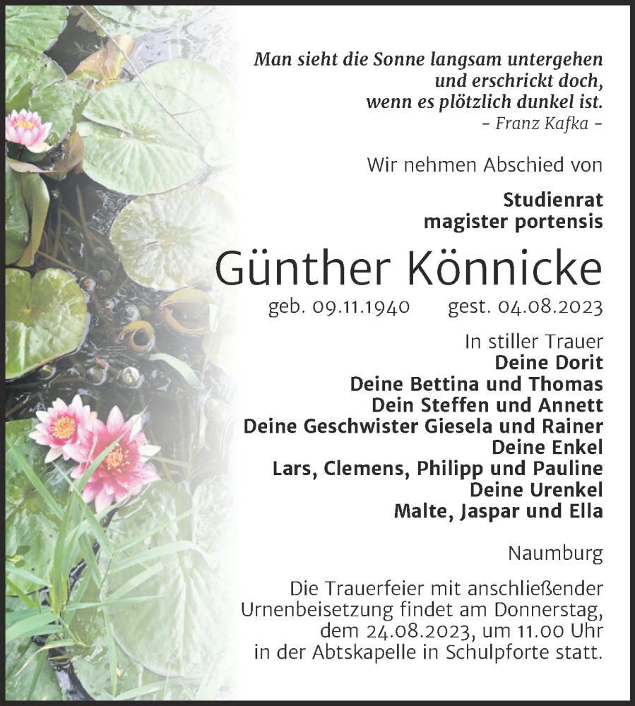  Traueranzeige für Günther Könnicke vom 12.08.2023 aus Naumburger Tageblatt