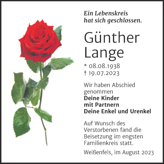 Traueranzeige von Günther Lange von Trauerkombi Weißenfels